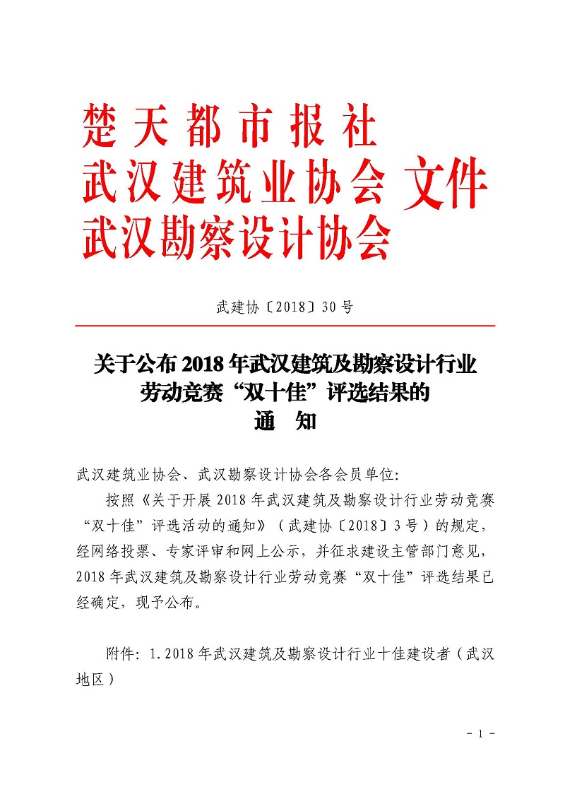 關(guān)于公布2018 年武漢建筑及勘察設(shè)計行業(yè) 勞動競賽“雙十佳”評選結(jié)果的 通知
