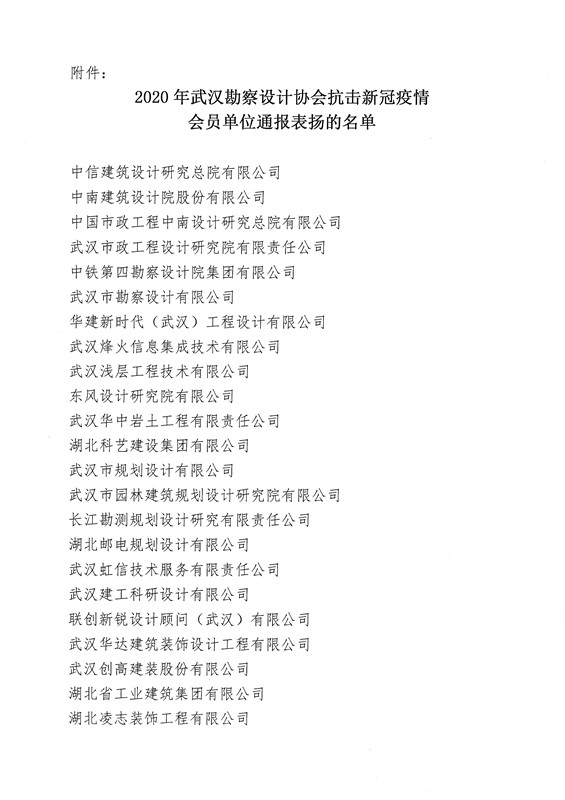 關(guān)于對(duì)2020年武漢勘察設(shè)計(jì)協(xié)會(huì)抗擊新冠疫情會(huì)員單位通報(bào)表?yè)P(yáng)的名單