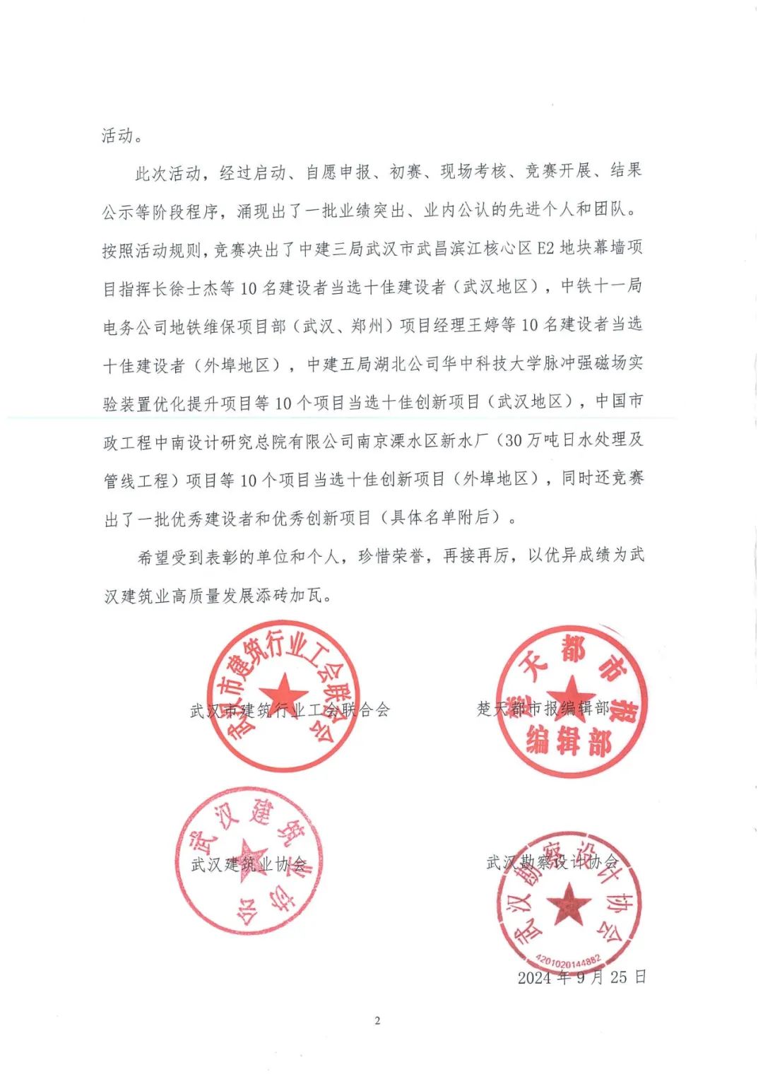 關(guān)于2024年武漢建筑及勘察設(shè)計行業(yè) 勞動和技能競賽“雙十佳”活動結(jié)果的通報
